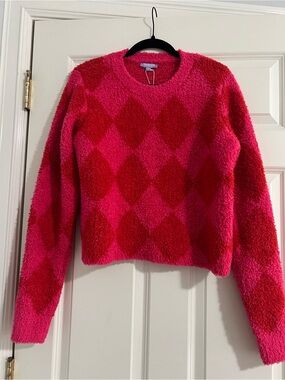 Fuzzy Crewneck Sweater in Pink & Red